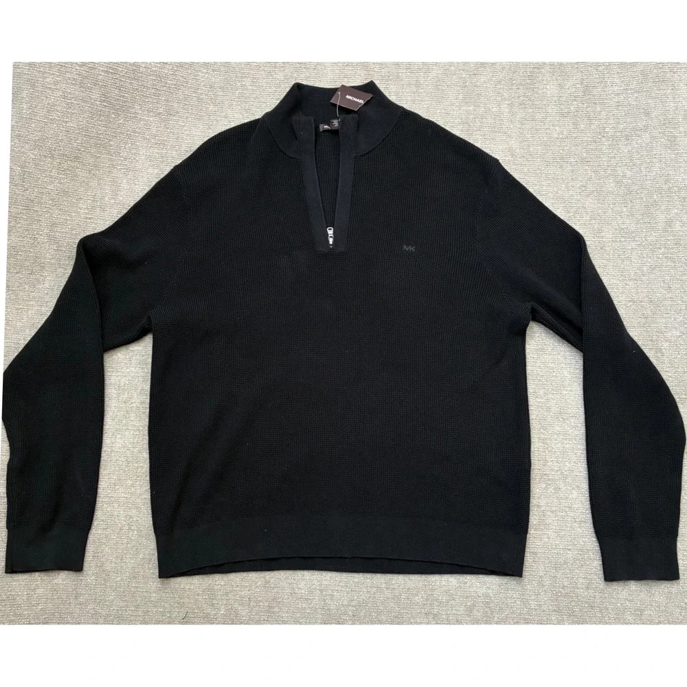 Michael‎ Kors Mens Black Thermal Quarter Zip Sweater Mock Neck Cotton XL